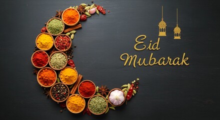 A festive Eid Mubarak design featuring a crescent moon shape made from an assortment of colorful spices and herbs in small wooden bowls