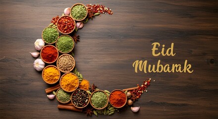 A festive Eid Mubarak design featuring a crescent moon shape made from an assortment of colorful spices and herbs in small wooden bowls