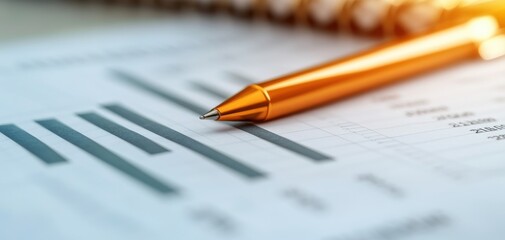 a pen resting on financial charts, perfect for writing financial reports and analyzing business performance data using charts and graphs . ideal for drafting financial document