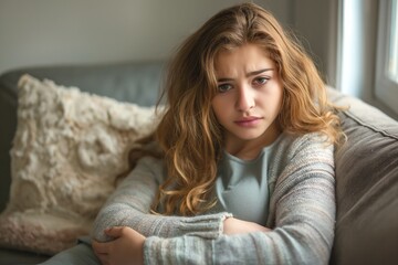 Naklejka premium A pensive young Caucasian girl with long, wavy hair sits on a sofa, conveying a sense of introspection and emotional depth.
