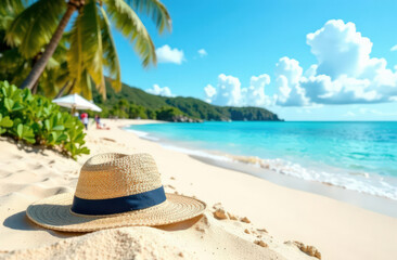 Straw hat on tropical beach under palm trees with clear blue waters and white sand