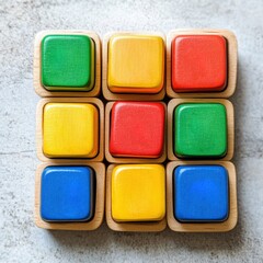Wooden Puzzle Blocks in Primary Colors on Concrete Surface