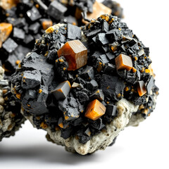 High-resolution close-up images of arsenic ore specimens, showcasing their crystalline structures against a stark white background.