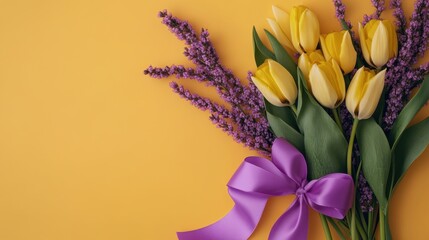 Elegant flat lay with tulip bouquet, mimosa branches, and a graceful lilac ribbon, festive Women's Day arrangement