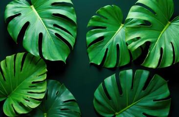 Lush green monstera leaves with glossy texture on dark background