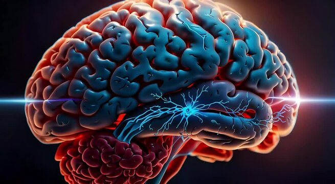 3D medical illustration of a human brain with an active vagus nerve
