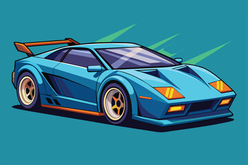 Obraz premium A uniquely styled sports car with sharp angles and bold colors stands out in a dynamic setting, Sports car Customizable Disproportionate Illustration