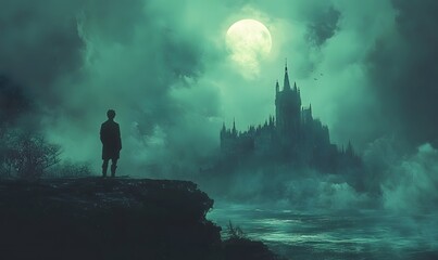 Fototapeta premium a person standing on a cliff overlooking a mysterious castle under a full moon.