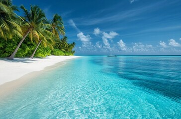 Breathtaking tropical paradise with white sandy beach, turquoise crystal-clear water, lush palm trees, and a calm blue sky