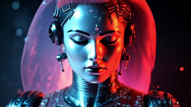 Futuristic caucasian woman cyborg with neon lights and circuitry in a tech environment