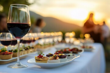 Elegant outdoor dining scene at sunset featuring a close-up of a glass of red wine and gourmet appetizers on a beautifully set table