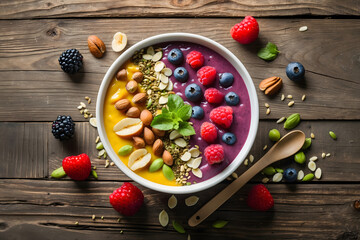 A healthy smoothie bowl with fresh berries, nuts, and seeds on a rustic wooden table