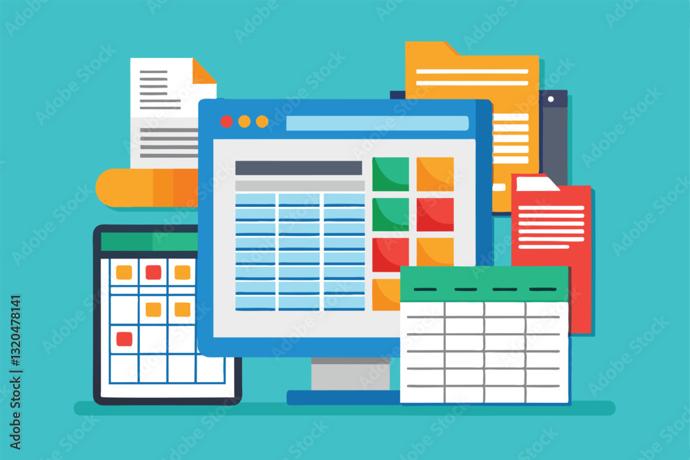 Poster different devices showcase customizable spreadsheets and various document types on a teal background