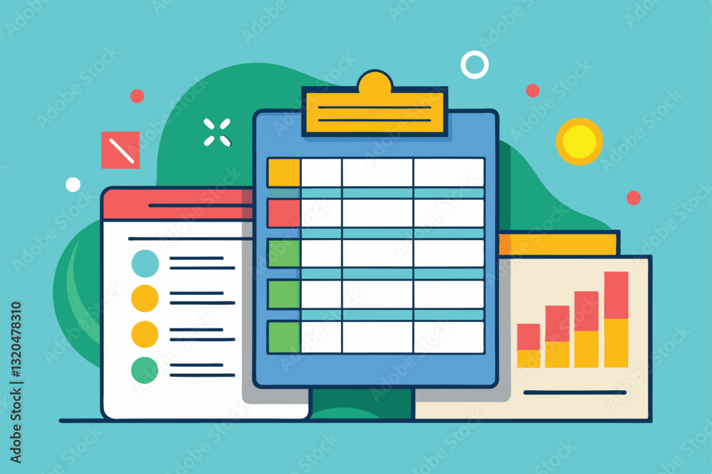 Poster a collection of customizable spreadsheets displayed on a colorful flat design background for data ma