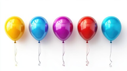 Five shiny balloons in vibrant colors arranged in a row against a white background.