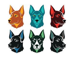 Six color Dog Breed Head Vector Silhouettes For Icon Sets