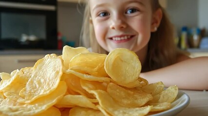 Little girl smiling and hiding behind a big plate of potato chips in a kitchen