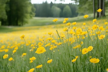 Fototapeta premium Yellow buttercup flowers blooming in spring meadow