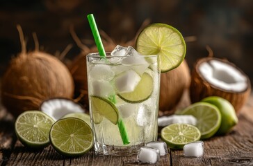Fototapeta premium Refreshing Lime Drink in Glass with Ice and Straw Surrounded by Fresh Limes and Coconut Halves on Wooden Table Background