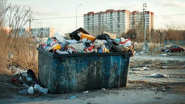 Overflowing dumpster polluting a residential area with trash and garbage, highlighting environmental and waste management issues