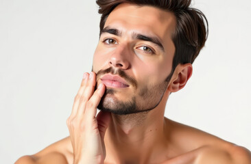 Caucasian young adult male with beard touching face, contemplative expression