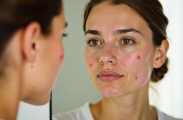 Naklejka premium Young caucasian woman with acne observing skin blemishes in mirror