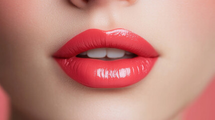 Fototapeta premium Luscious coral lips with glossy finish, showcasing beauty and elegance.