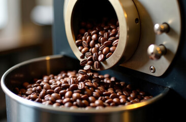 Roasted coffee beans pouring from machine into metal tray