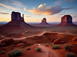 Monument Valley in distance with wispy clouds, dirt path, warm-toned rocks, American Southwest at dusk, breathtaking desert landscape with buttes