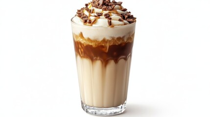 Indulge in this creamy caramel and chocolate coffee drink, topped with whipped cream and crunchy bits.