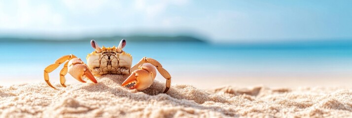 Crab constructing a sandcastle at the beach presents a humorous take on animal behavior