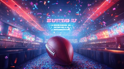 Energetic Super Bowl design featuring a football, confetti, and neon scoreboard effects, ideal for sports marketing.