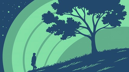 Obraz premium A Solitary Figure Strolls Beneath A Tranquil Tree At Twilight, Enjoying Serene Natures Embrace Under A Pastel Sky