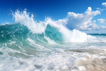 Obraz premium Powerful turquoise ocean wave breaking on a sunny beach