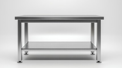 Sleek stainless steel work table with a lower shelf. Perfect for a modern kitchen or lab.