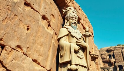 Ancient stone guardian statue, weathered cliff face, eroded details, sentinel, folklore