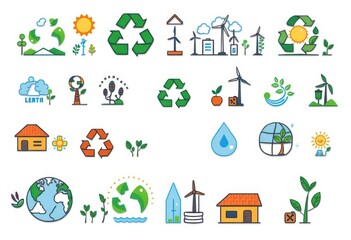Collection of icons depicting sustainable recycling processes and clean energy sources on a white background, biomass, eco