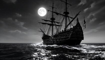 Obraz premium Sailing Ship at Night Under Full Moon in Dark Waters