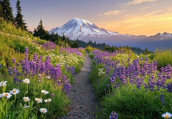 Scenic Mountain Pathway Surrounded by Colorful Wildflowers Under a Sunset Sky with Snow-Capped Peak in the Background