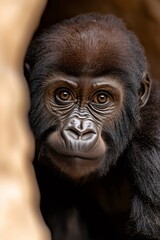 Obraz premium Young western lowland gorilla hiding behind a tree trunk