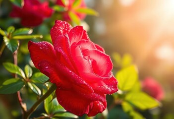 Dew-kissed red rose, vibrant petals, lush green leaves, soft morning light,  beauty, fresh