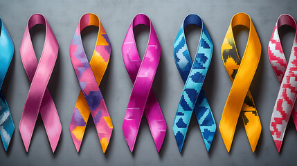 Colorful awareness ribbons on gray background. Possible stock photo use Promoting health campaigns