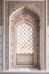 Intricate Mughal-Style Architectural Window with Floral Inlays