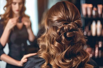 Fototapeta premium Back of woman's head with long, red black wavy straight hair in an elegant salon setting. The focus is on her hairstyle and color Perfectly styled blonde curls, showcasing hair beauty and care