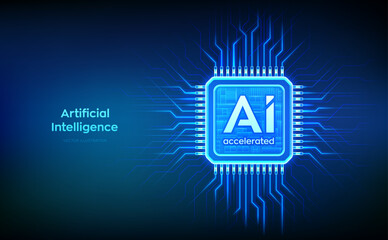 AI chip with the inscription AI Accelerated. CPU microchip. Concept of artificial intelligence technology. AI accelerated processor chip. Innovative machine learning technology. Vector illustration.