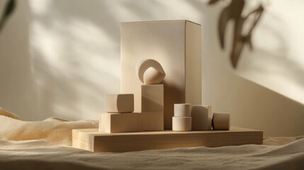Beige geometric forms on a wooden surface, minimalist aesthetic