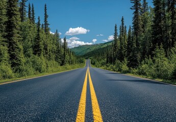 Scenic View of an Empty Highway Surrounded by Lush Green Trees Under a Bright Sky with Fluffy Clouds and Majestic Mountains in the Background