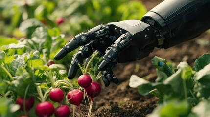Future of agriculture, robotic hand harvesting radishes with real-time data overlays tracking soil health and crop yield