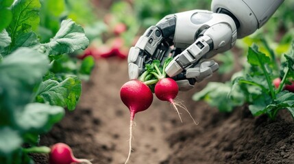 Future of agriculture, robotic hand harvesting radishes with real-time data overlays tracking soil health and crop yield
