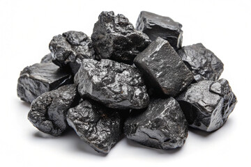 Fototapeta premium Bituminous Coal – Dark Black, Shiny, and Rough-Textured Mineral Chunks on a White Background